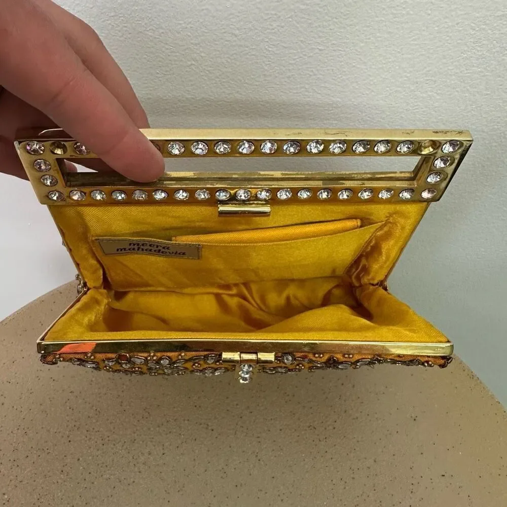 Meera Mahadevia Fully Embellished Satin Marigold Yellow Clutch Purse